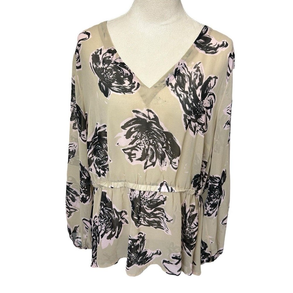 Lane Bryant Floral V Neck Sheer Tan Black Long Sleeves Peplum Top 18/20